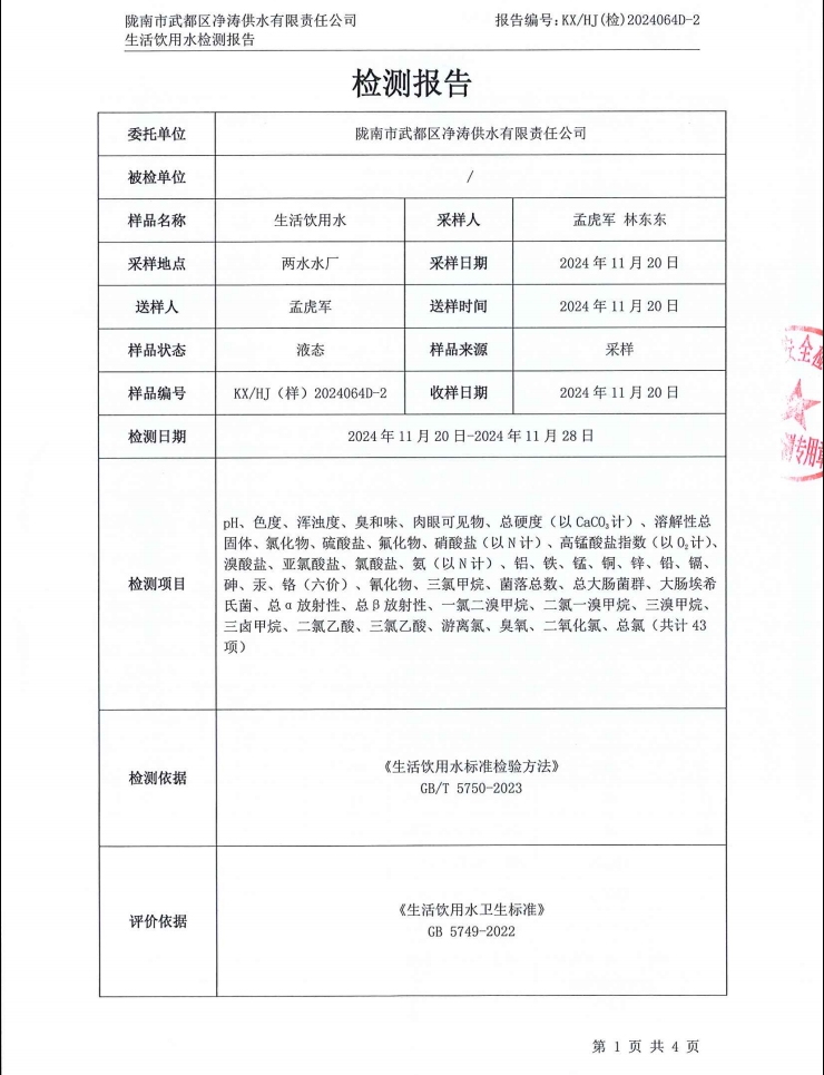 2024年12月4日武都城區(qū)飲用水檢測報(bào)告